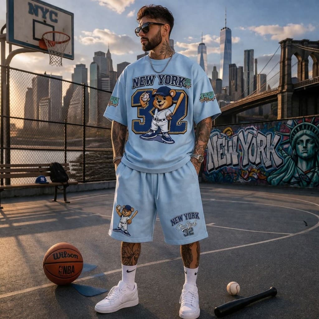 Conjunto Camiseta Algodão E Bermuda Moletom Streetwar Camisa New York 32