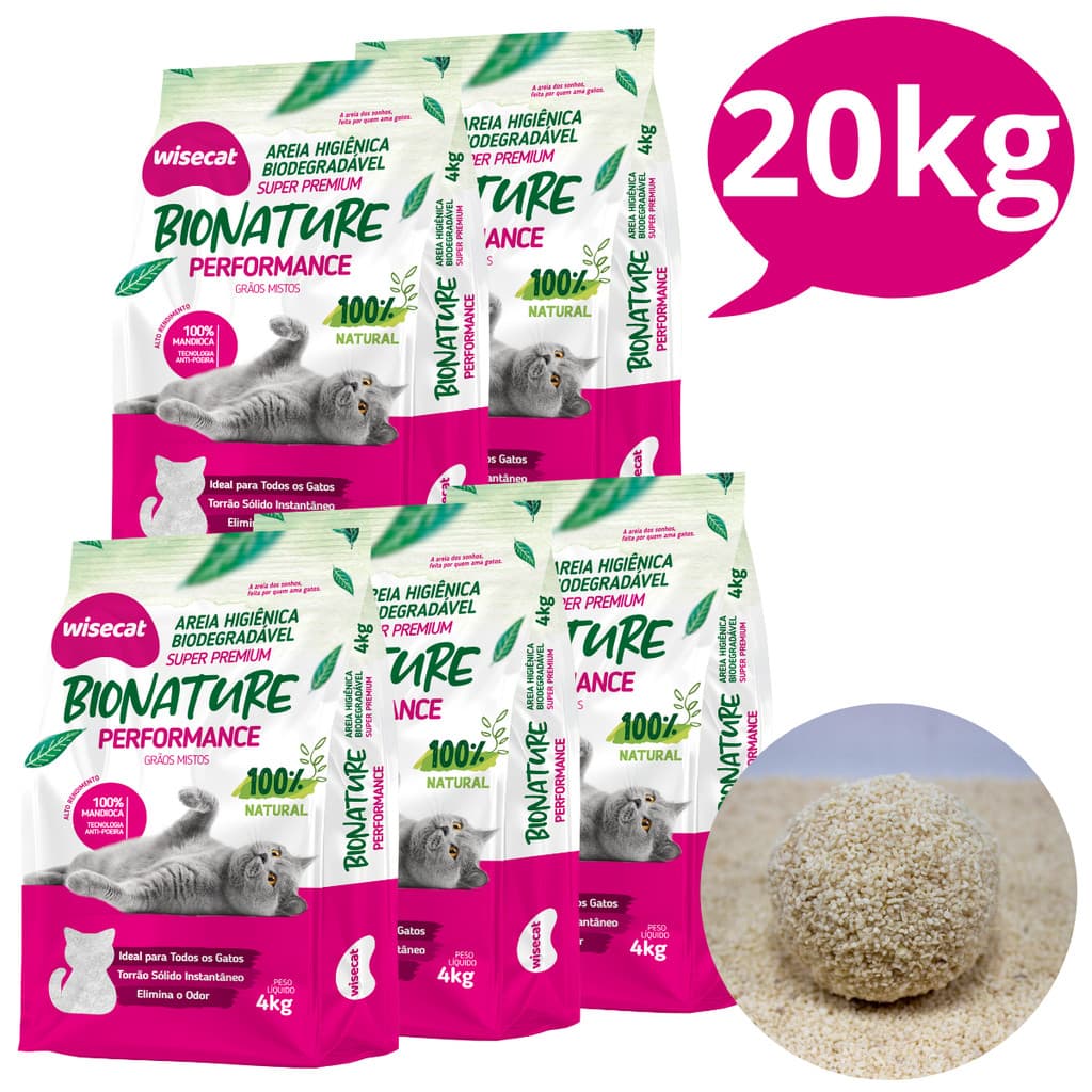 Kit 5 Areia Sanitária Higiênica Gatos Natural Vegetal Mandioca Performance Grãos Mistos Wisecat 4KG