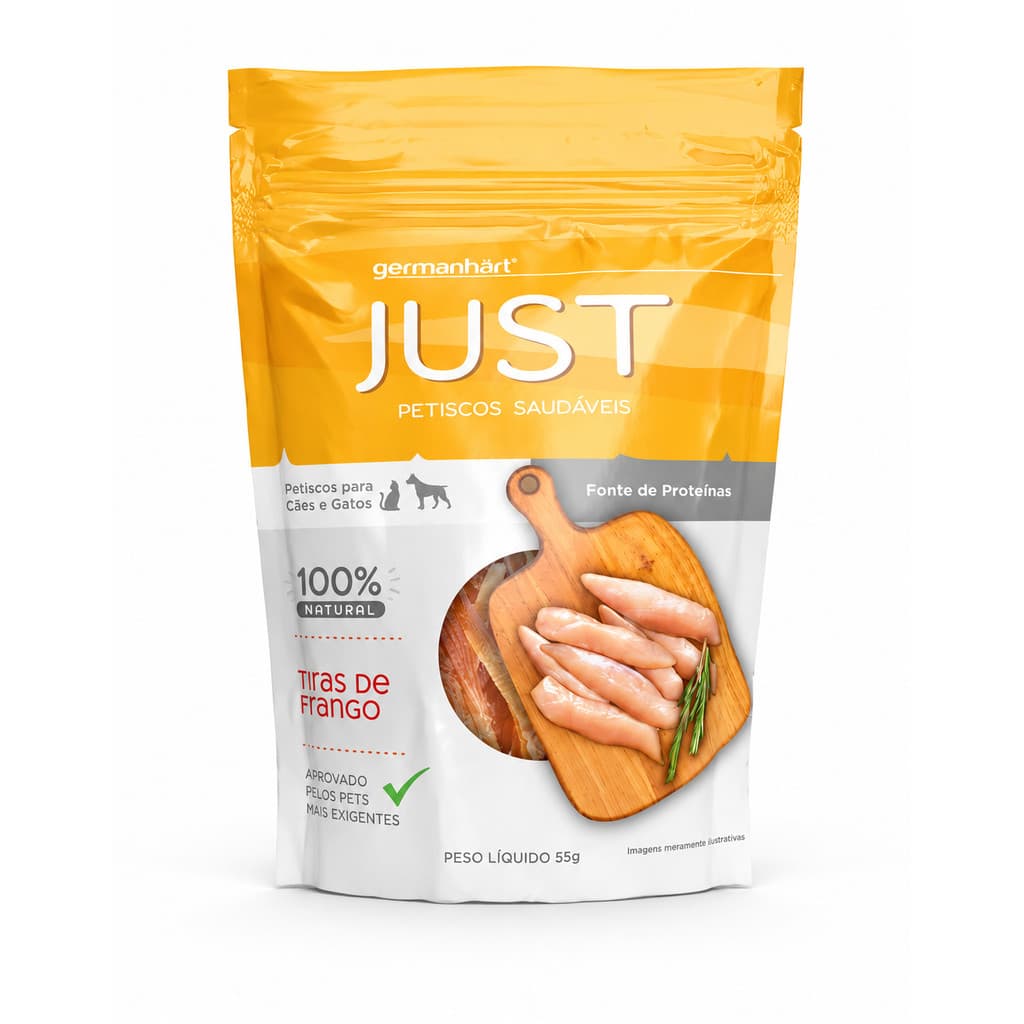 Snack Natural Just Tiras Frango 55g Petisco Saudavel Sem Quimica Caes Gatos Filhotes Adultos e Idosos Pet