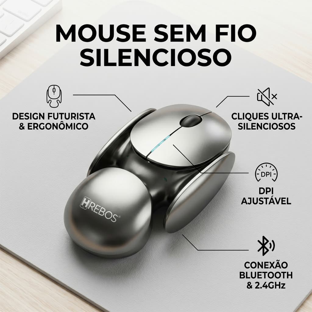 HREBOS x HEYOO Mouse sem fio silencioso ergonômico recarregável bluetooth ajustável metal
