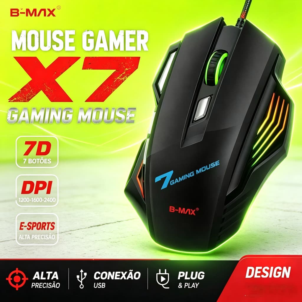Mouse Gamer B-Max X7 USB Iluminação RGB Ergonômico para PC e Notebook