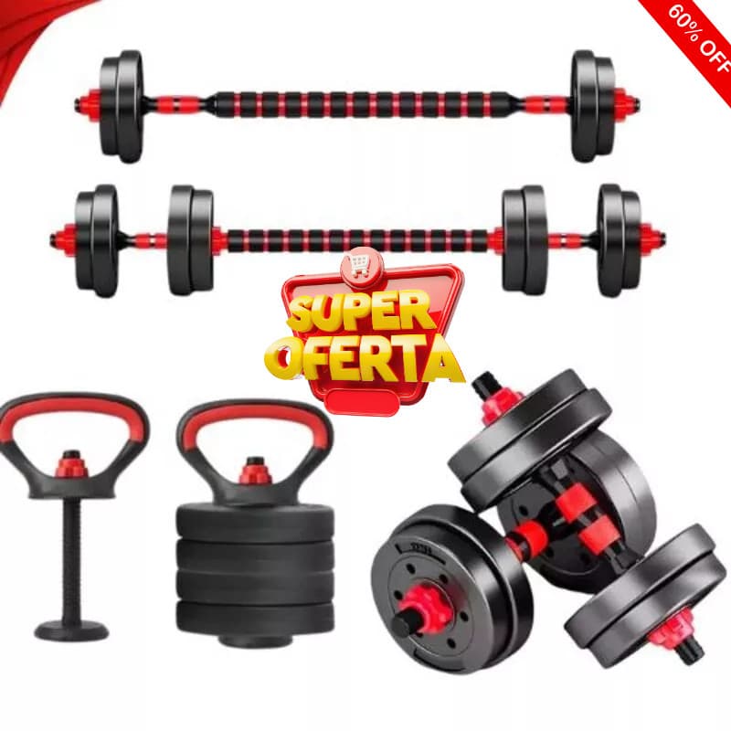 Kit Treino Funcional 24kg Halteres Barra Supino Academia em Casa Preto Desc