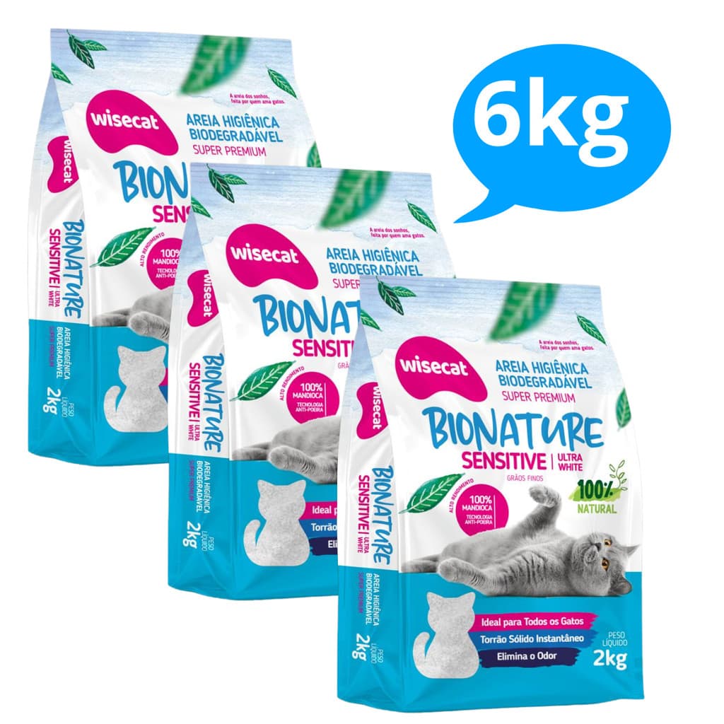 Kit 3 Areia Sanitária De Mandioca Grãos Finos Para Gatos Biodegradável Wisecat 2kg