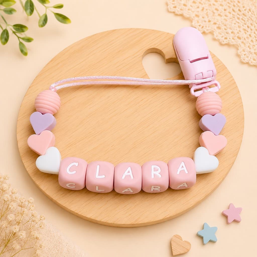 Prendedor de Chupeta de Silicone Macio e Mordedor Personalizado com Nome do Bebê Coração BPA FREE