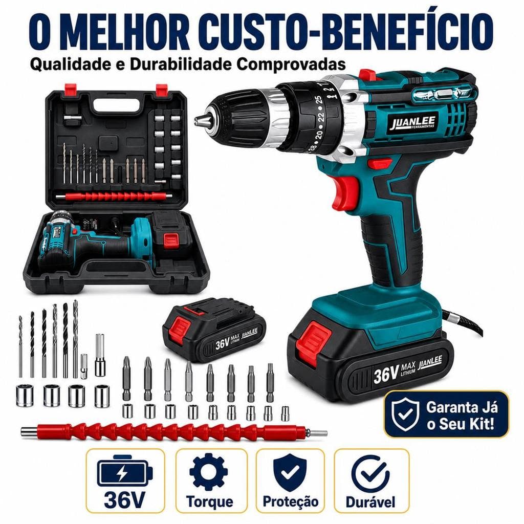 JUMLEE Conjunto de 28 peças Parafusadeira e Furadeira À Bateria 36v Sem Fio Bivolt Azul-2 Baterias e Kit Parafusadeira E