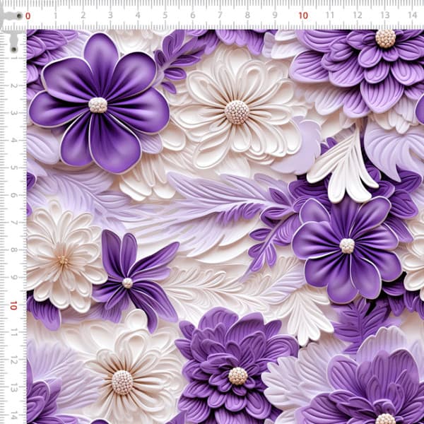 Tecido Tricoline Digital 3D Floral Violeta Branco Patchwork Costura Artesanato DIY Alta Definicao Atelie