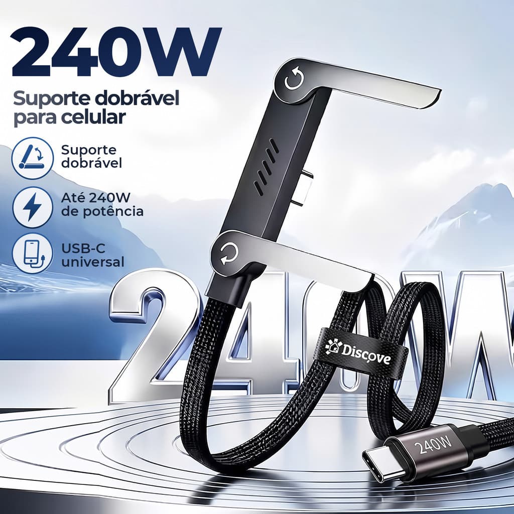 Cabo Tipo C 240W Ultra Rapido Carregador Celular 1.5M Suporte Angular 90 Graus Jogos Dados Estoque No BR Envio Imediato