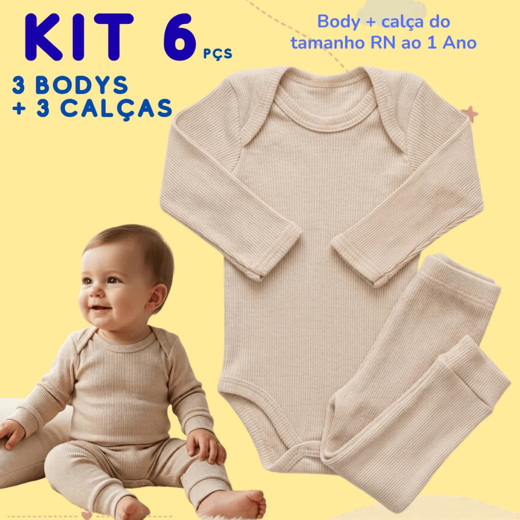Kit 6 Peças Body Bebê Manga Longa + Calça Canelado Enxoval Maternidade 100% Algodão RN ao Tamanho 1