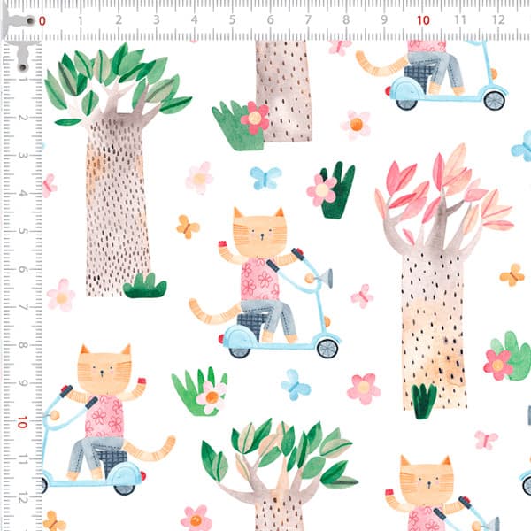 Tecido Tricoline Digital Aquarela Gatos na Floresta Pano Patchwork Costura Ateliê Artesanato DIY
