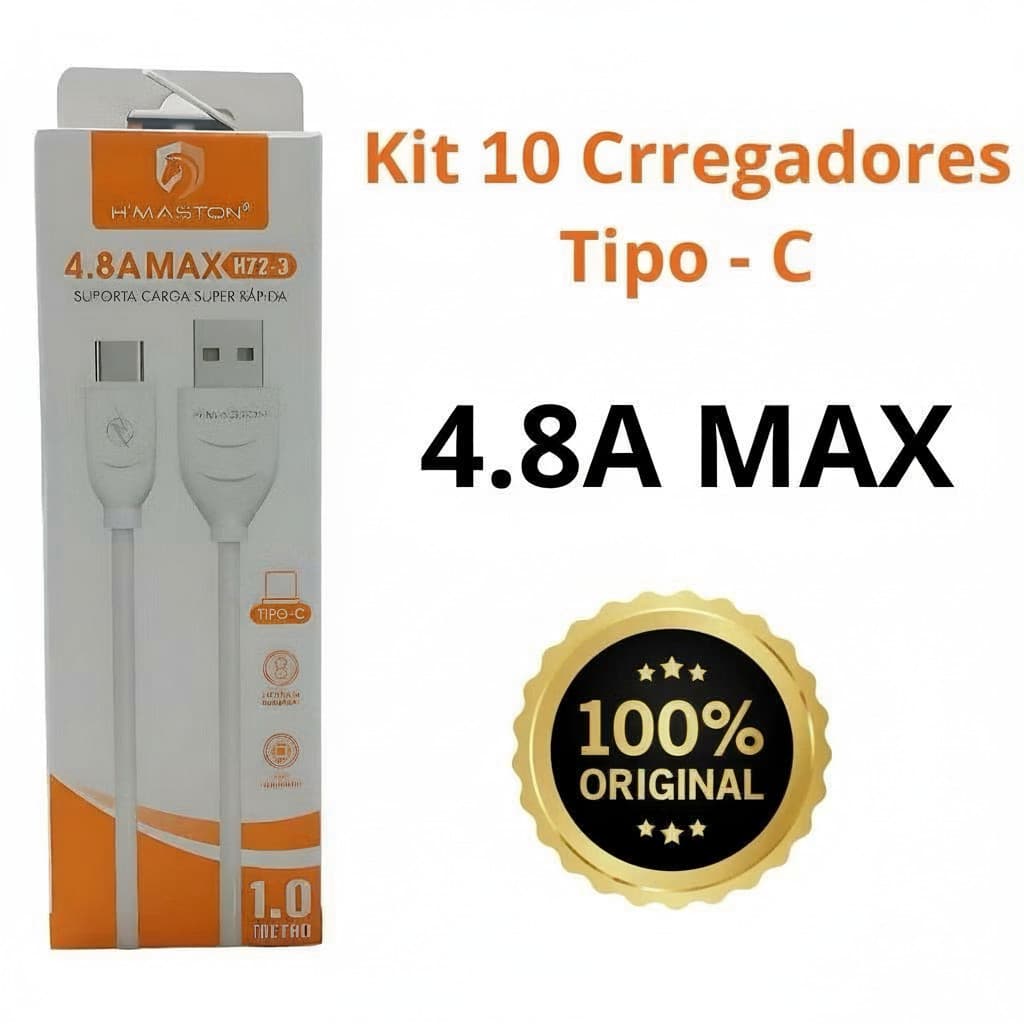 Kit 10 H'Maston H72 Lightning/TipoC Cabo 4.8A Suporta Carregamento Super Rápido E Transmissão De Dados