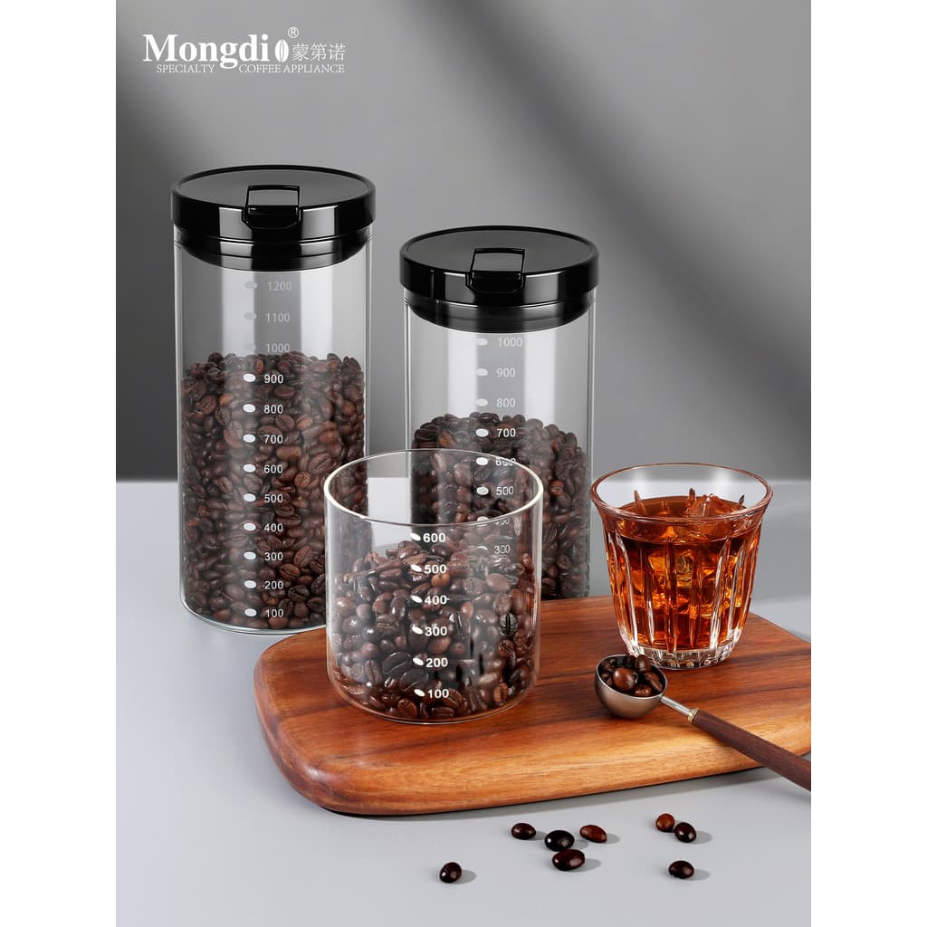 Mongdio jarra de armazenamento de grãos de café, jarra selada em pó de café, jarra de armazenamento de vidro, leite em p