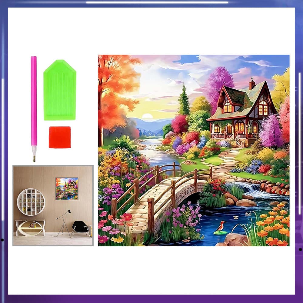 Pintura de Diamante 5D Tema Casa de Conto de Fadas 30x30cm – Arte Terapêutica, Melhora Concentração, Alivia Ansiedade