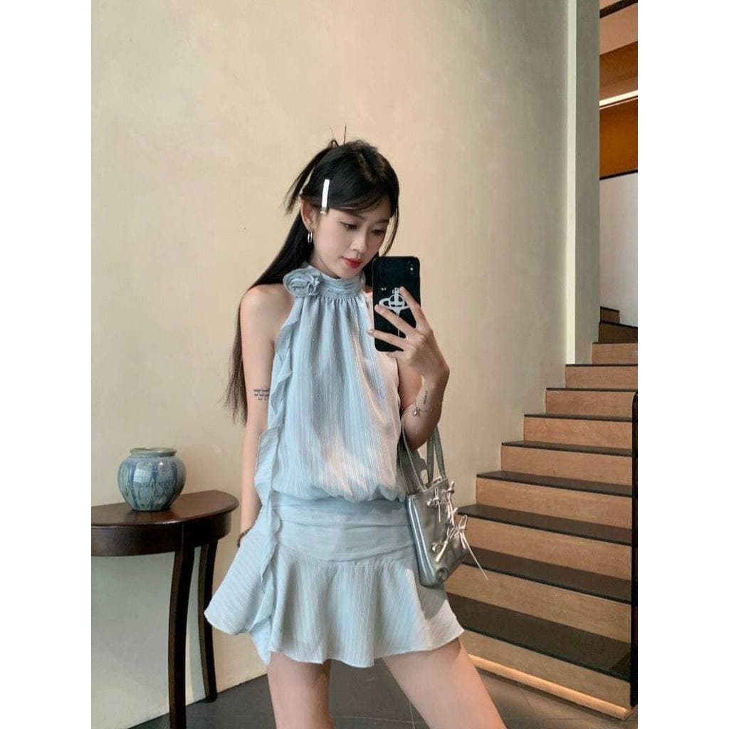 Vestido Curto Verão Vestido Mini Feminino Vestido Tomara Que Caia G vestido azul sem mangas com gola halter 2026 verão n
