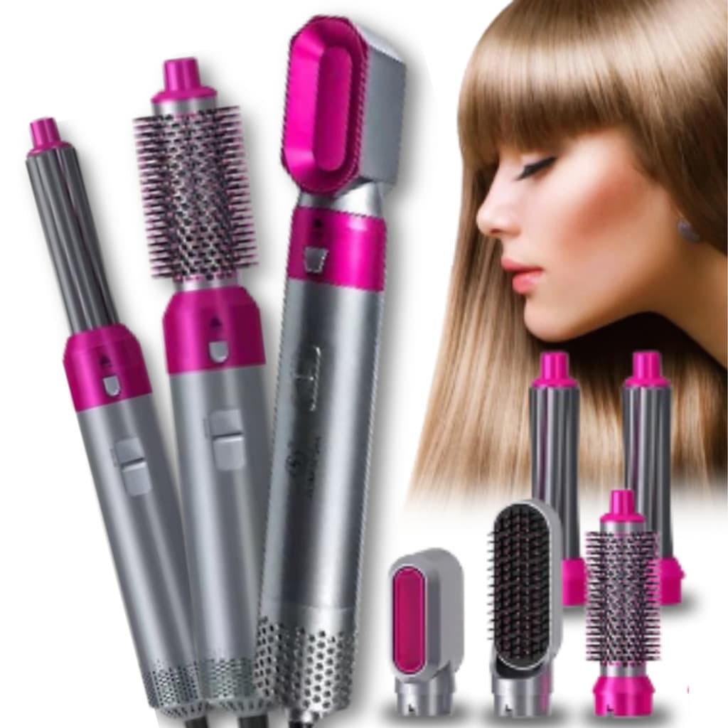 Kit 5 em 1 Secador Escova Alisadora e Modeladora Profissional Cabelos Lisos Brilhantes