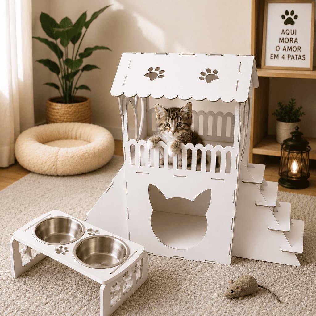 Casinha Pet para Gato em MDF 2 Andares Branca  Arranhador – Resistente e Moderna