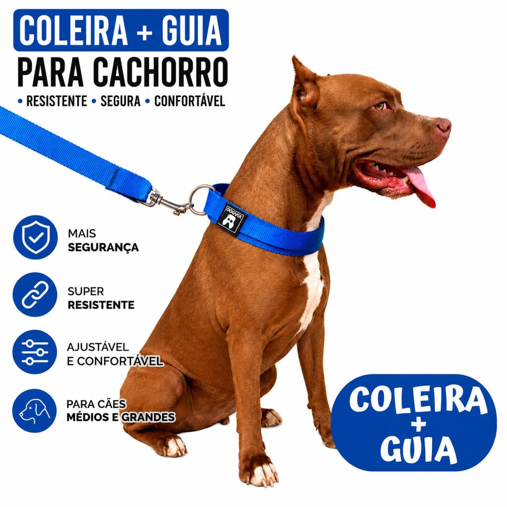 Coleira Cachorro Com Guia Nylon Reforçada Resistente Pra Pitbull Raças Fortes Porte Médio Grande Pet