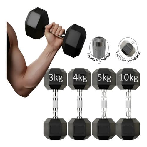 Kit 4 Unid Halteres Sextavado 3kg, 4kg, 5kg, 10kg Academia Preto Mapaseg