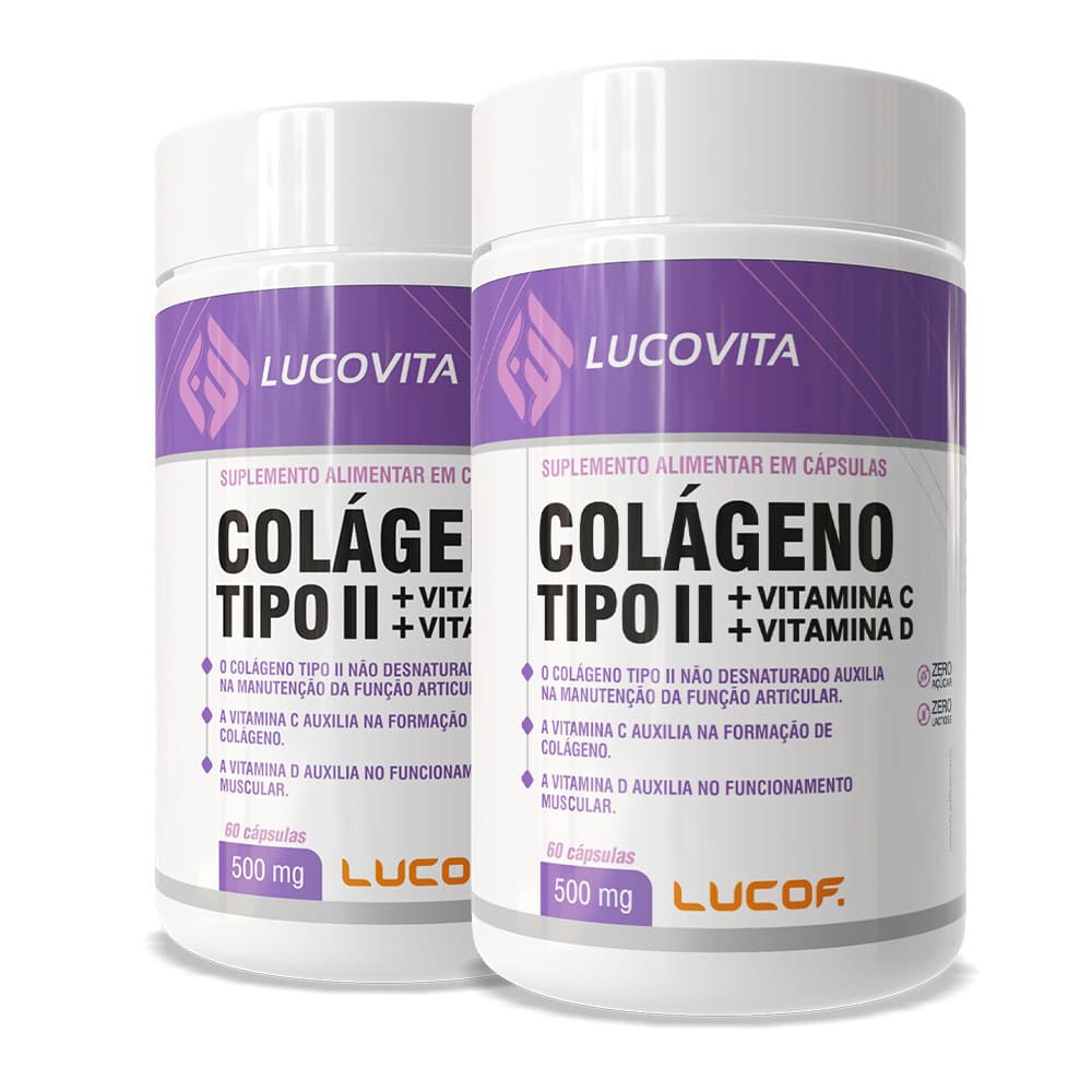 Kit 2 un - Colágeno Tipo II  500mg - 60 cápsulas Vitamina C + Vitamina D - lucovita