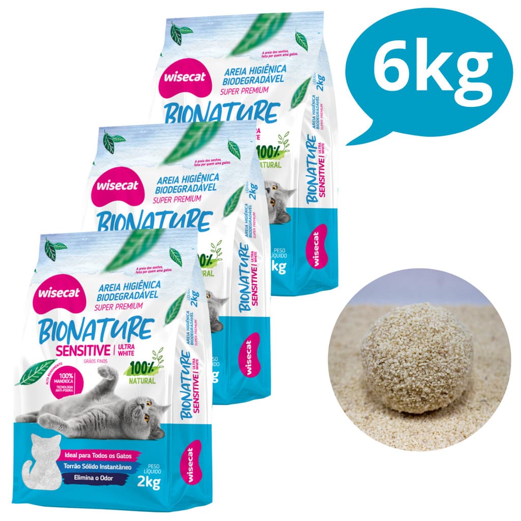 KIT 3 Areia Sanitária Higiênica pra Gatos Natural Vegetal Mandioca Sensitive Grãos Finos Wisecat 2KG