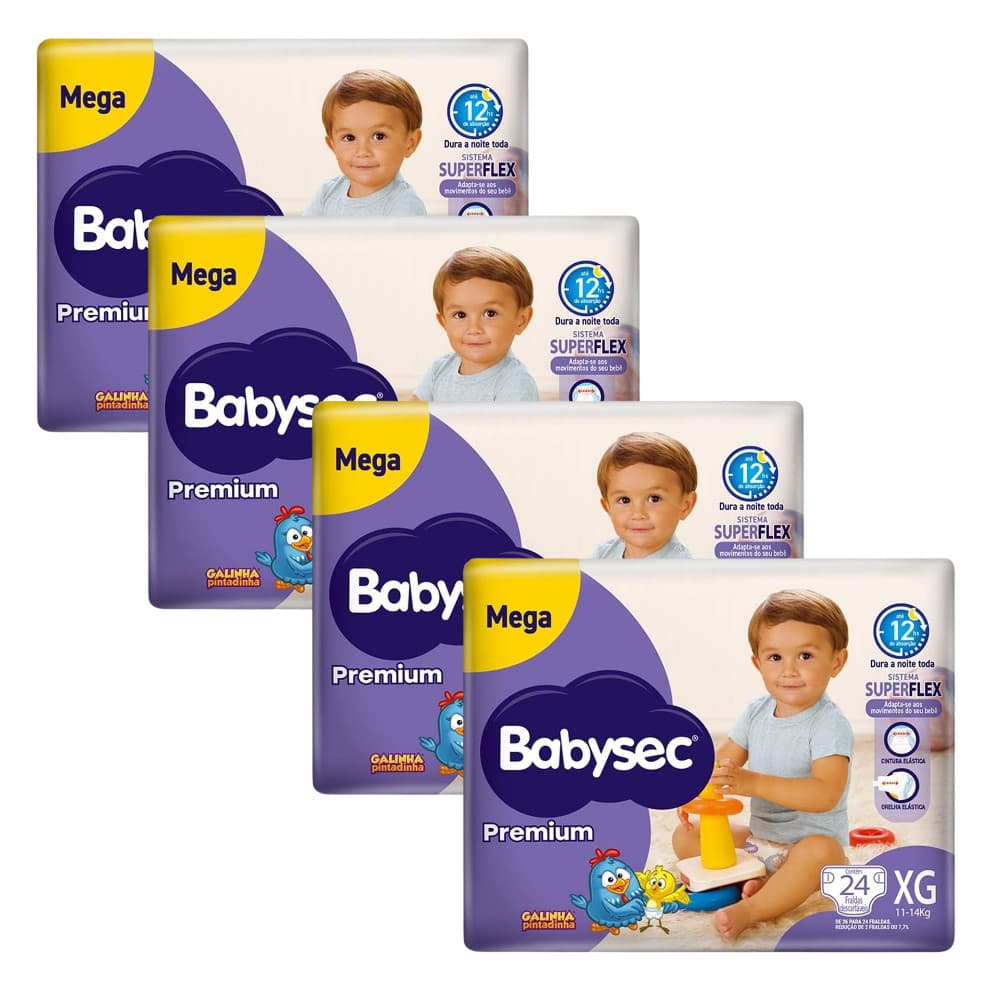 4 Pacotes de Fralda BabySec Premium Mega XG Galinha Pintadinha 24 Unidades cada