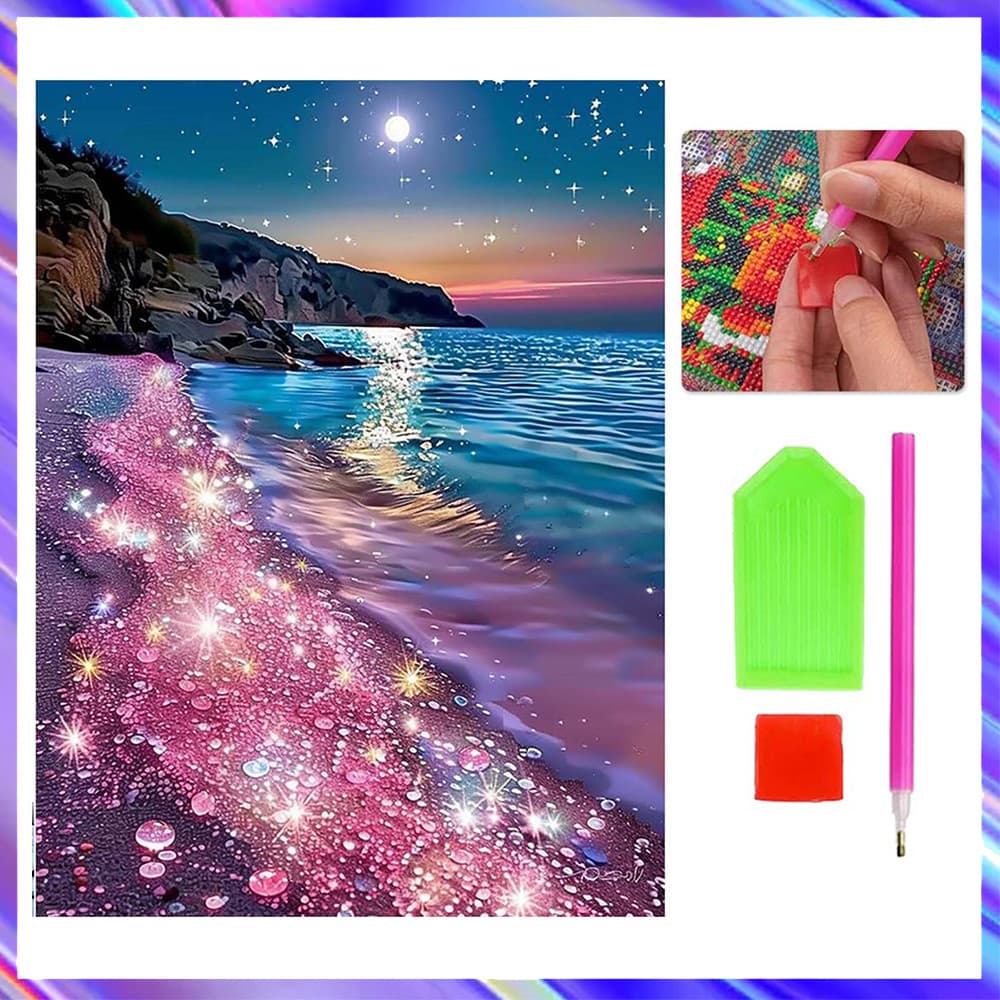 Praia Rosa, obra de arte DIY com pintura com diamantes quadrados 5D, kit de pintura com diamantes, 30 x 40 cm