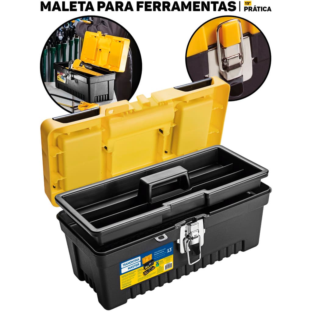 Caixa de Ferramentas Tramontina 13 Polegadas C/ Trava Metálica E Bandeja Organizadora P/ Ferramentas