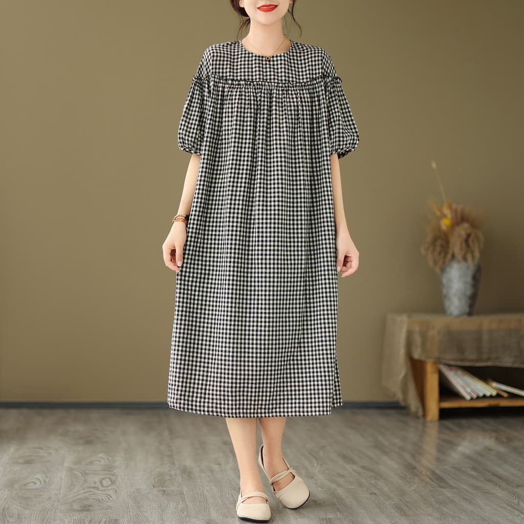 P xadrez fungo borda costura High-End temperamento vestido 2025 novo estilo feminino verão literário Retro Mori feminino