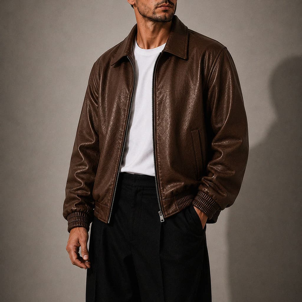 Jaqueta Masculina de Couro Vintage Oversized Poliuretano Bomber com Zíper Moda Casual Streetwear Premium
