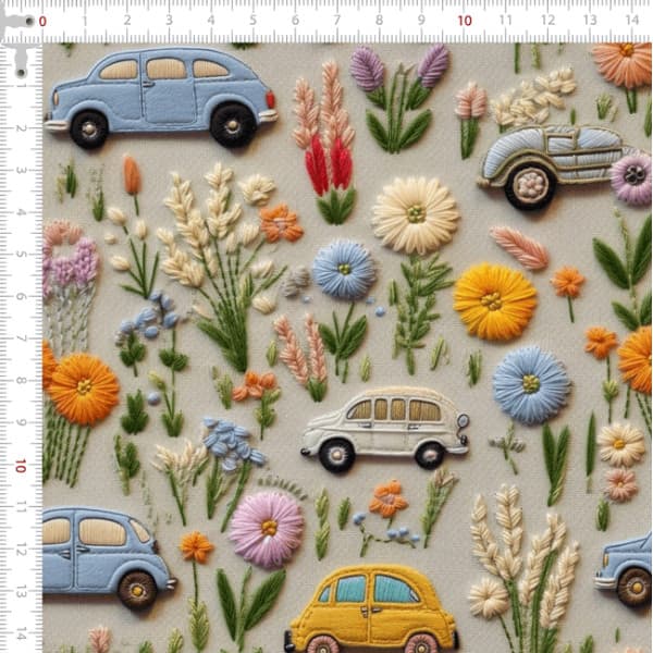Tecido Tricoline Digital 3D Carros e Flores Artesanato Patchwork Ateliê Pano Costura DIY
