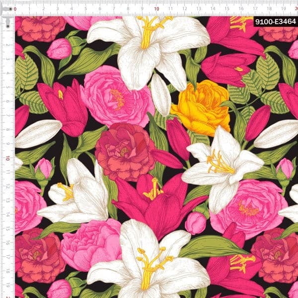 Tecido Tricoline Estampado Digital 0,50x1,50 Floral Rosa e Branco Preto Artesanato Costura Patchwork