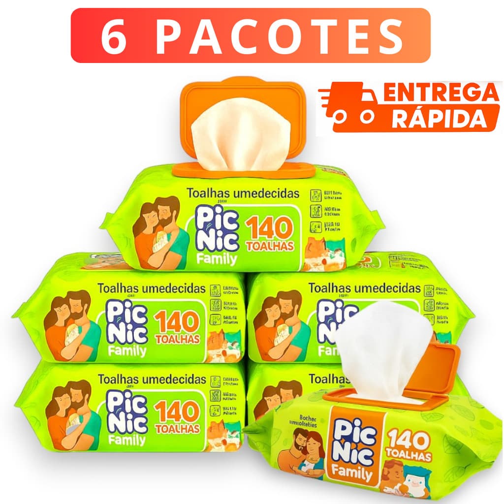 Kit 6 pacotes Lenço Umedecido Premium 840 Lencinhos Pic Nic Familia Toalha Mimo Presente Bebe Adulto