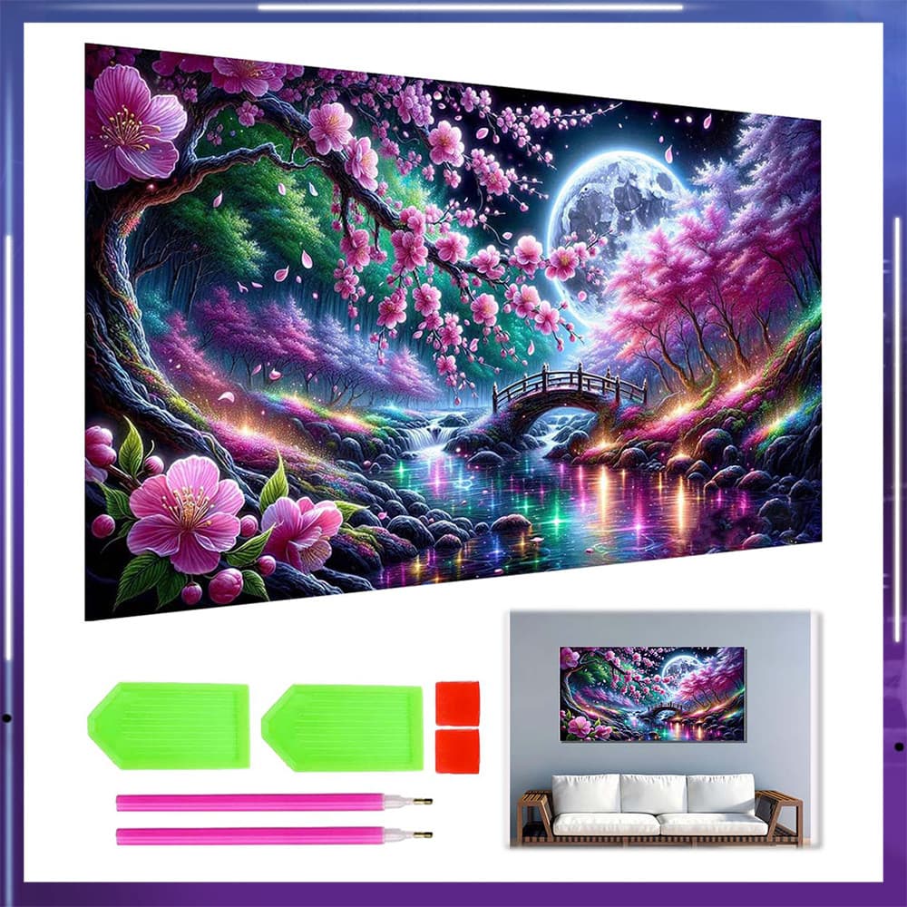 Pintura de Diamante 5D Lua Noite Sakurabashi 70x40cm – Perfeito para Decoração de Parede, Presente Especial, Longa