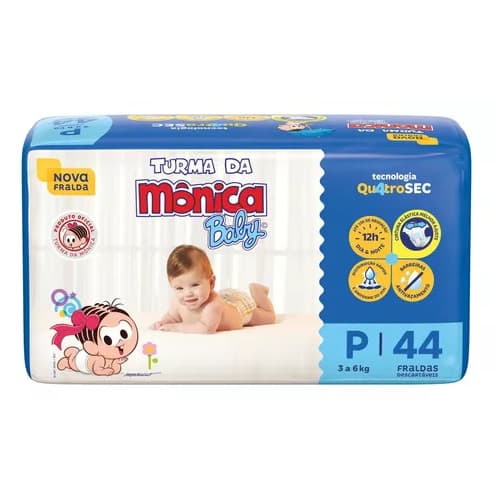 Fralda Descartável Turma Da Mônica Baby QuatroSec P C/44 Unidades 12h De Proteção Rápida Absorção