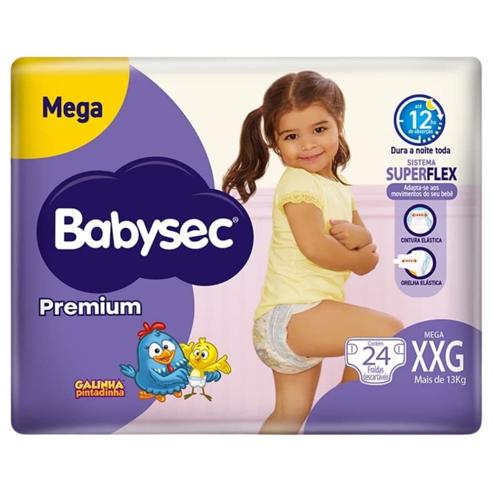 1 Pacote de Fralda BabySec Premium Galinha Pintadinha Mega XXG Pacote c/24un