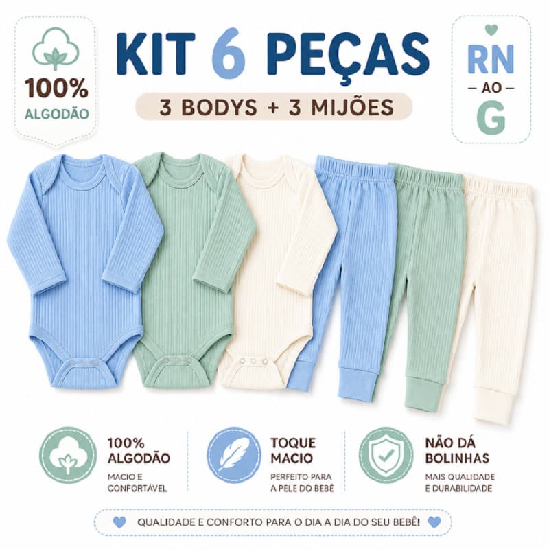 Kit 6 peças Conjunto de roupa de Bebê Canelado Manga Longa Body e Calça 100% Algodão Unissex Enxoval