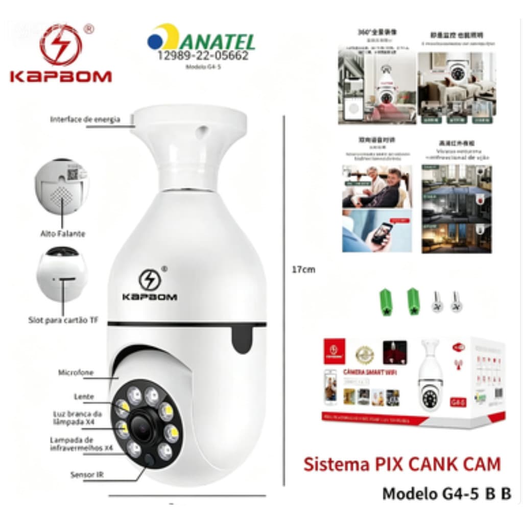 KAPBOM G4-5 Câmera IP Panorâmica Wifi ANATEL Aplicativo PIX LINK CAM