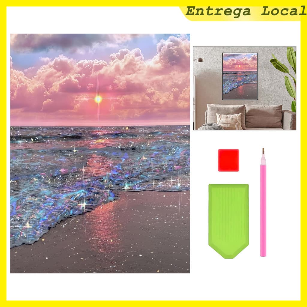 Pintura diamante 5D, pintura diamante 40x30cm," Pink cloud Gilt Beach " pintura diamante
