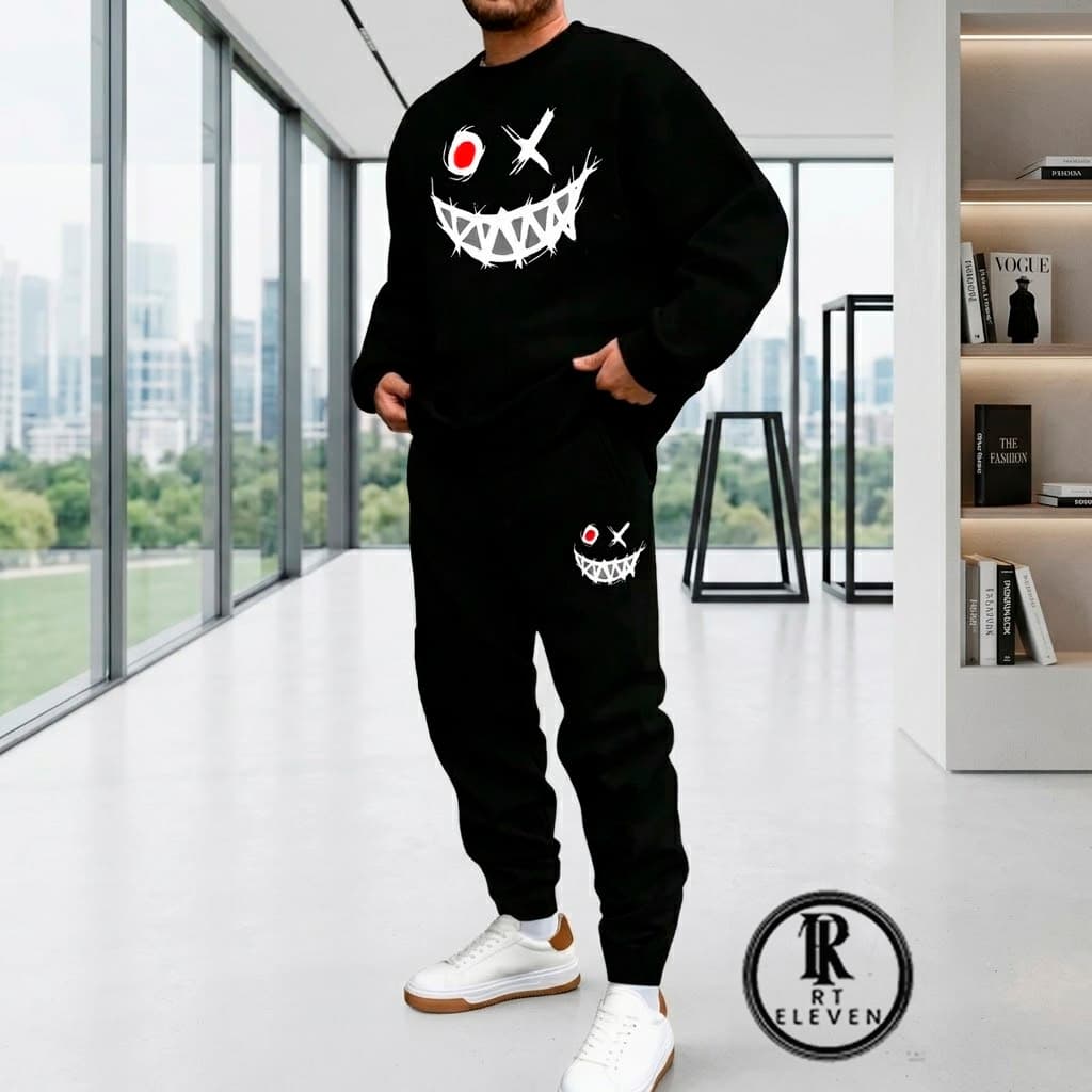 Conjunto de moletom Smiley desenhos Gola redonda moda casual solto moletom masculino e Feminino Blusa + Calça moletom