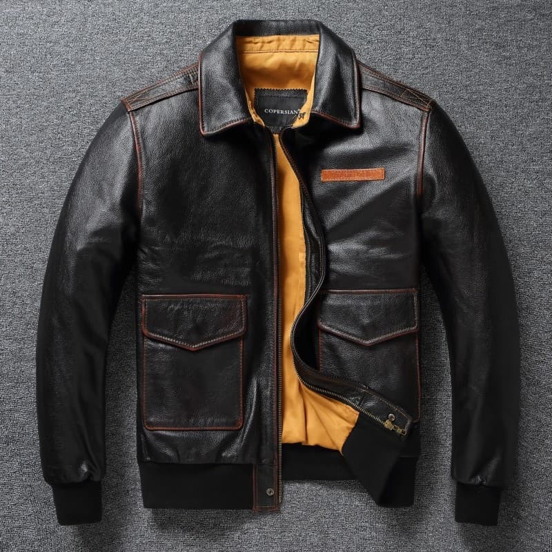 Retro mão-polido cor Escape jaqueta de couro A2 couro genuíno lapela jaqueta de vôo masculino jaqueta de couro genuíno j