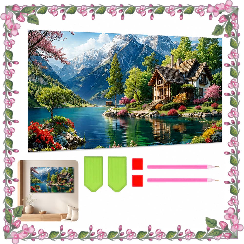 40 x 70 cm, Pintura com diamantes quadrados 5D, Conjunto de arte com diamantes Casinha à beira do lago, artesanato DIY