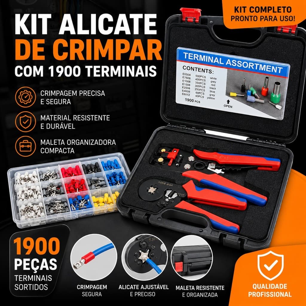 Um kit de ferramentas contendo 1200 clipes de terminal de 0,25 a 10 mm, com caixa de armazenamento.