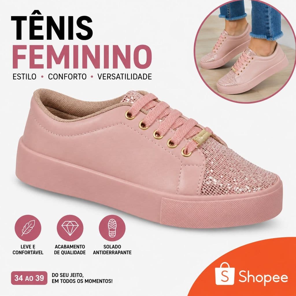 Tenis Star Infantil de Gliter na Frente Estiloso e Confortavel Moda Blogueira