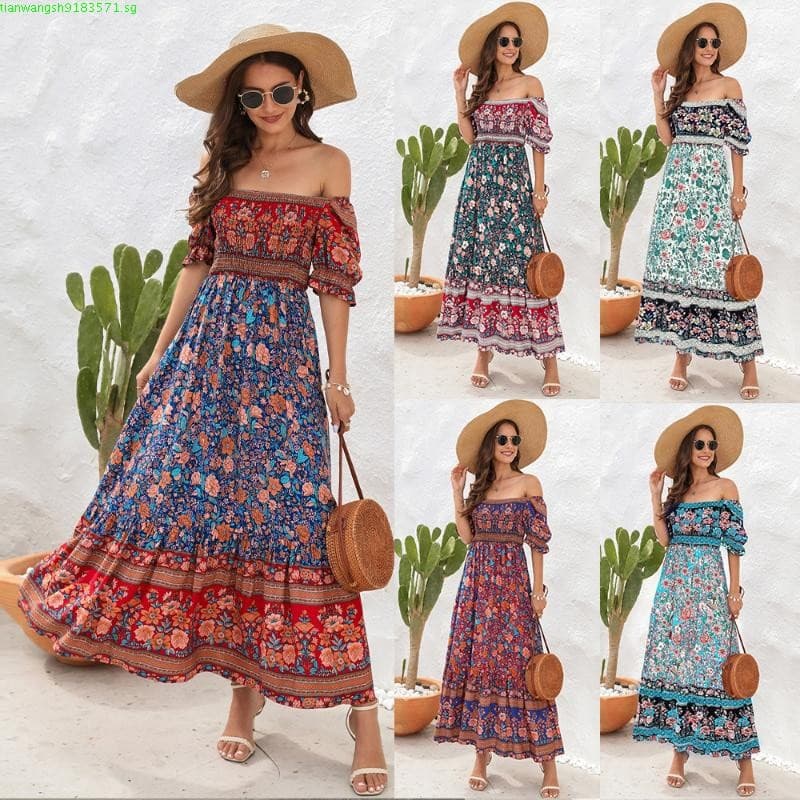 VOG * Vestido floral feminino Vestido leve de verão Vestido longo boêmio com estampa floral Vestido elegante de comprime