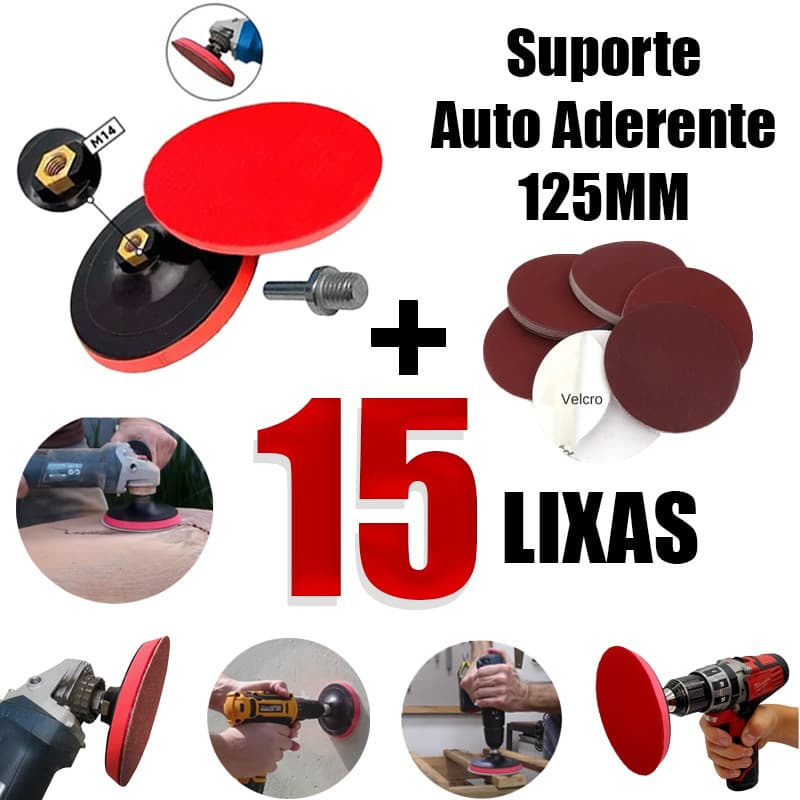 Suporte de Boina Velcro 125 mm + 15 Discos de Lixa para Furadeira e Esmerilhadeira – M14 Kit Completo