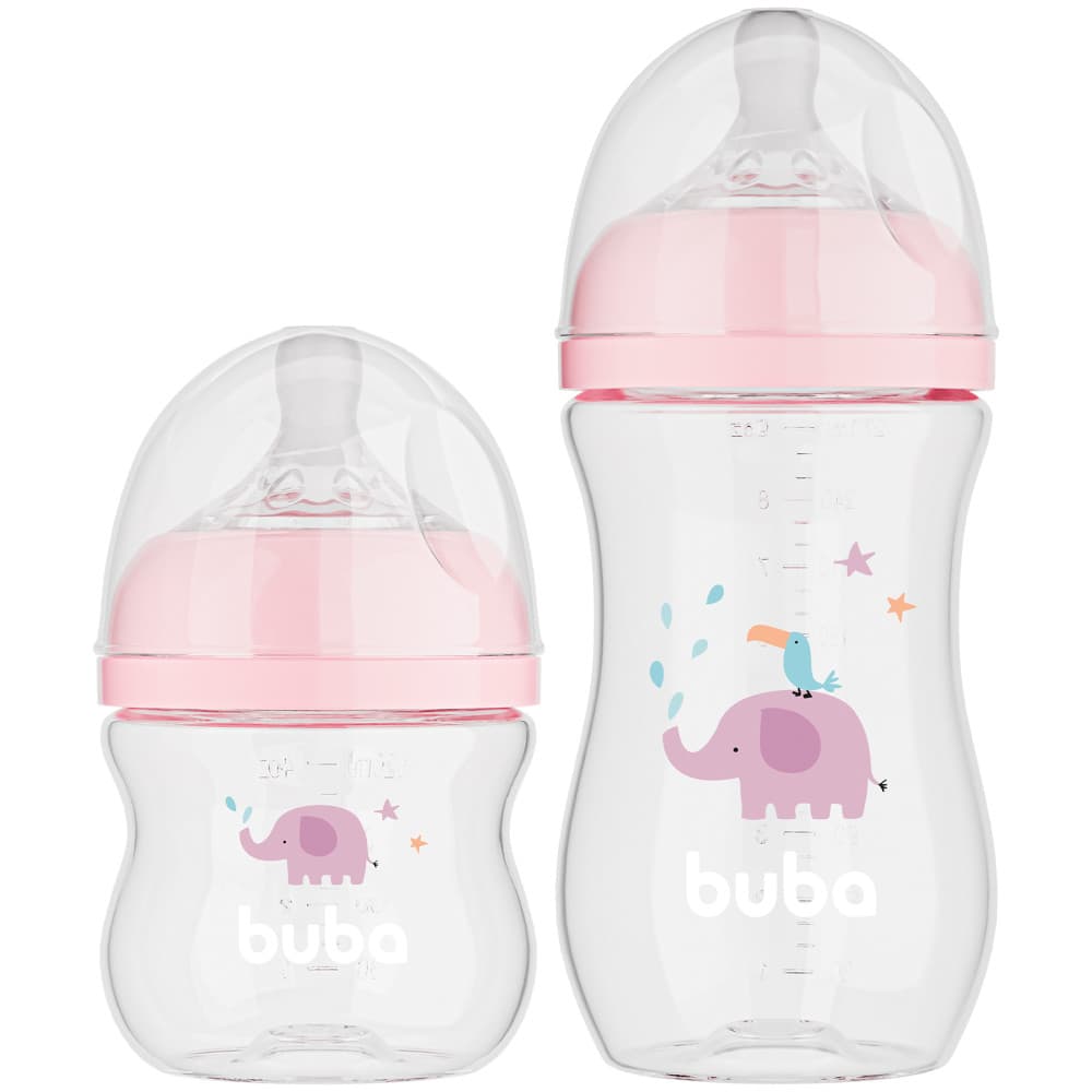 Kit 2 Mamadeiras para Bebê Buba Easy Flow Anticólica 120ml e 270ml Elefante Rosa