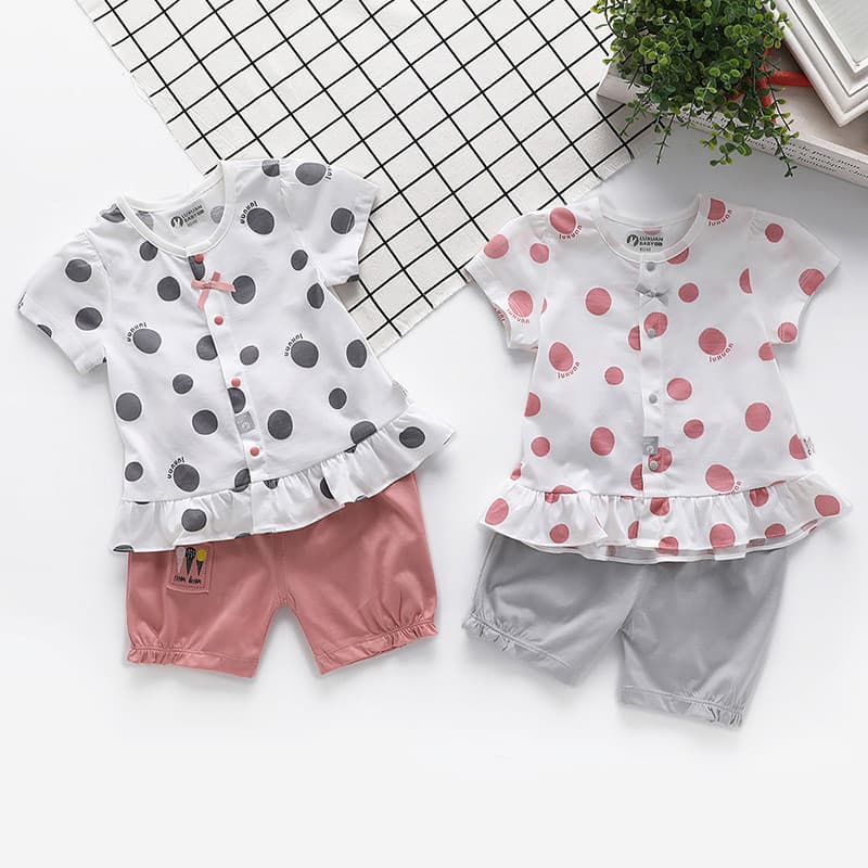 Luxuan bebê de manga curta Folio terno verão fino menina roupas de bebê puro algodão menina meia manga Shorts verão na m