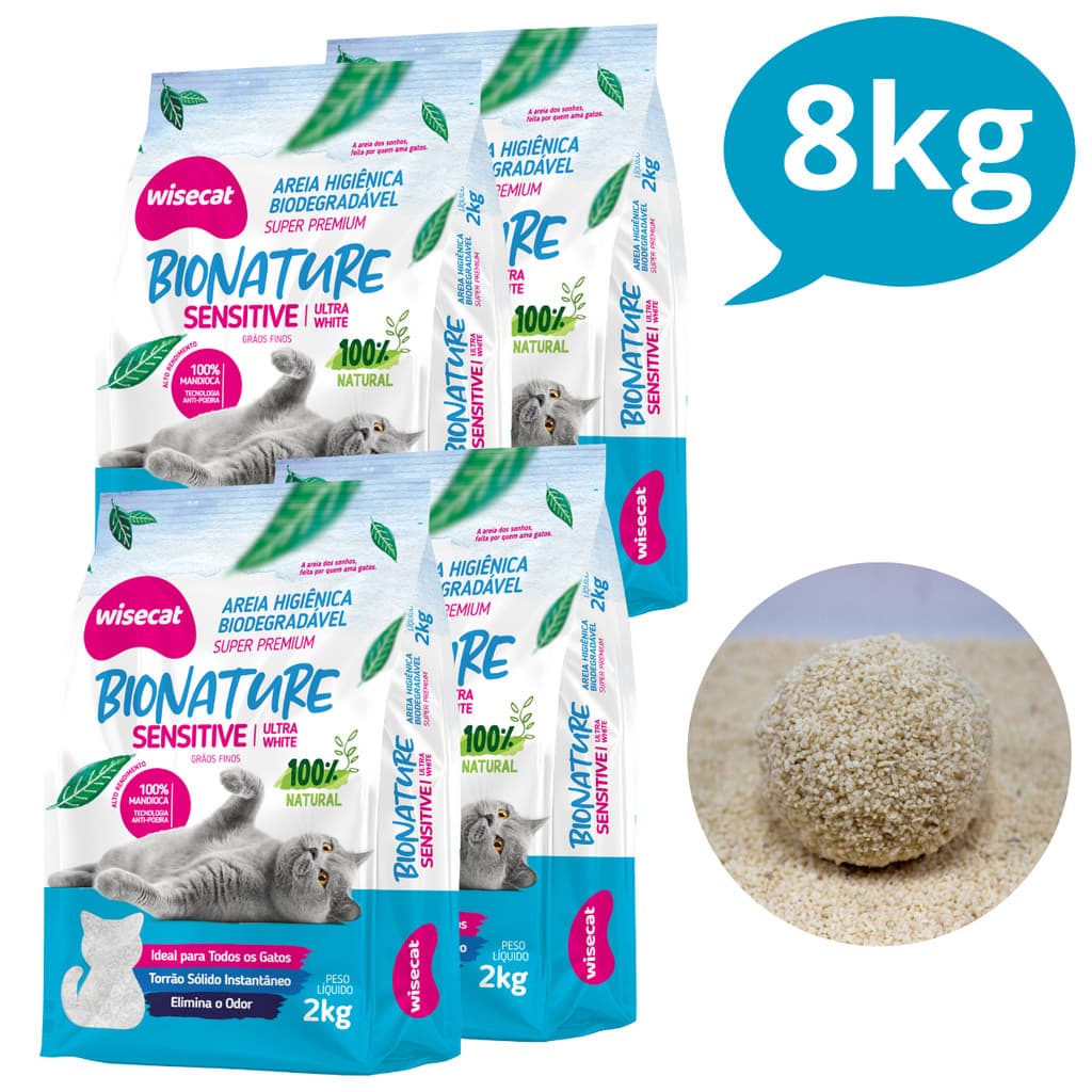 Kit 4 Areia Sanitária Higiênica pra Gatos Natural Vegetal Mandioca Sensitive Grãos Finos Wisecat 2KG