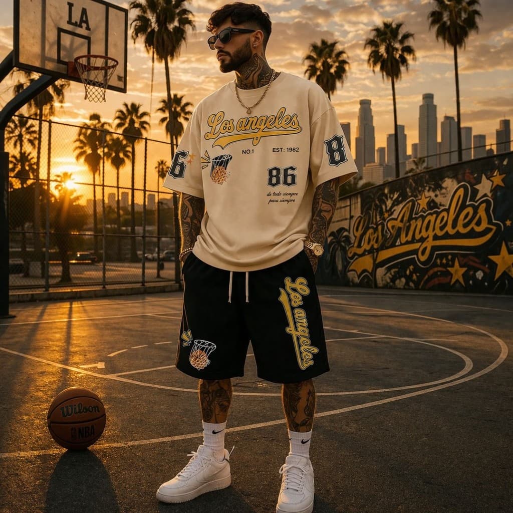 Conjunto Camiseta Algodão E Bermuda Moletom Streetwar Camisa Los Angeles 86