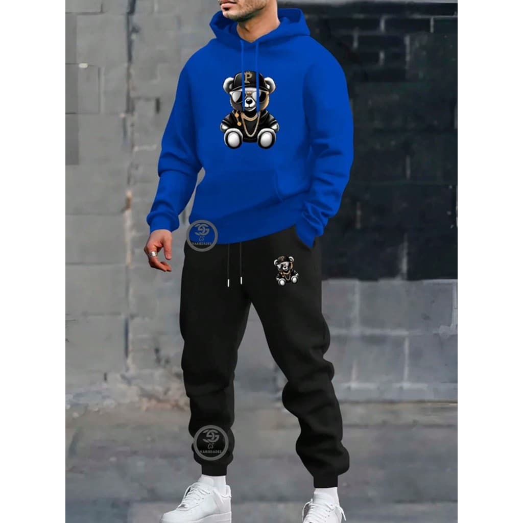 Conjunto Moletom Urso Bad Boy Bear Estampa  Blusa de Frio moletom com capuz + Calça Moda casual streetwear Flanelado