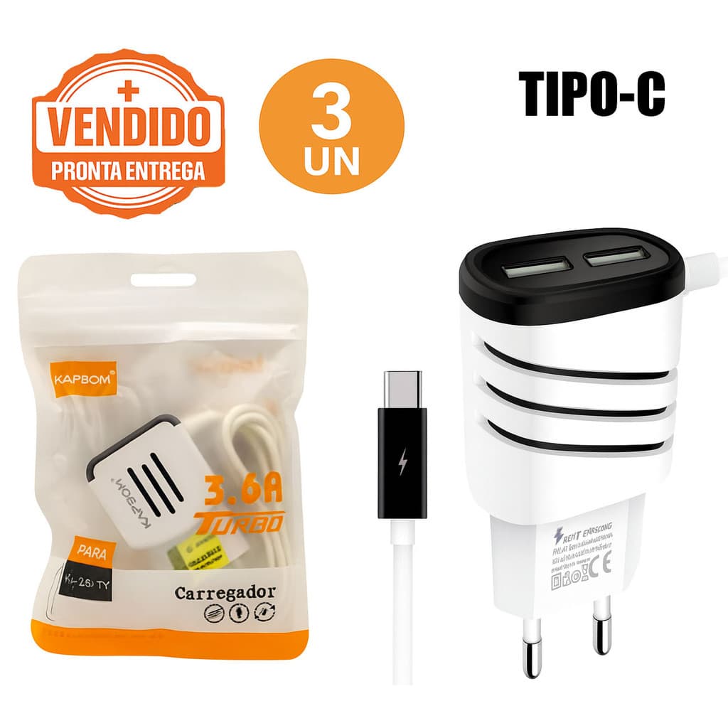 Kit 3 Carregador Celular Turbo 3.6A Tipo-C Rápido Turbo Bivolt Portátil P/ Smartphones e Tablet